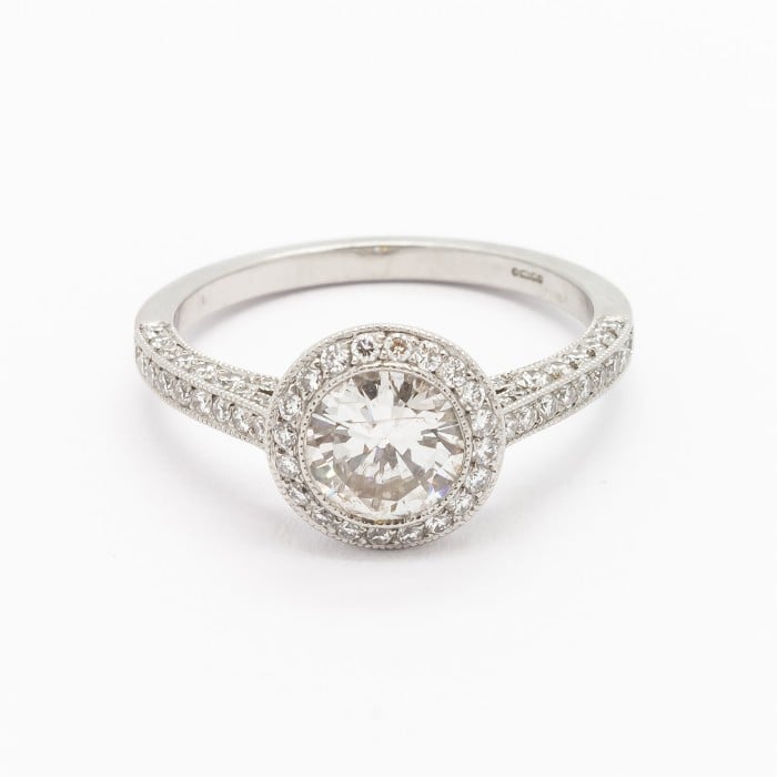 Modern Diamond and Platinum Micro Pavé Halo Ring, 0.85 Carats