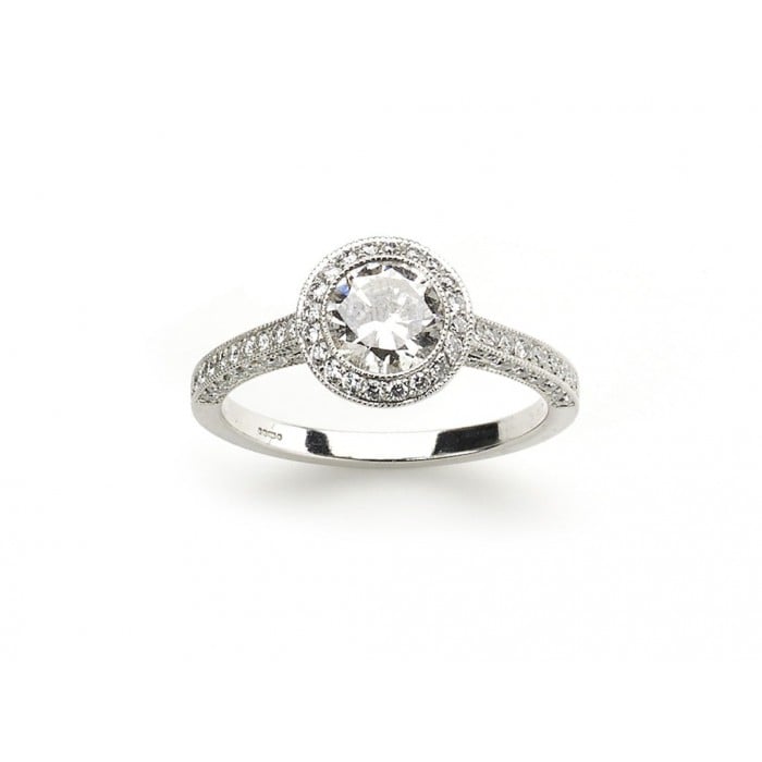 Modern Diamond and Platinum Micro Pavé Halo Ring, 0.85 Carats