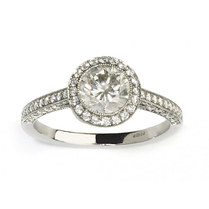 Modern Diamond and Platinum Micro Pavé Halo Ring, 0.94 Carats