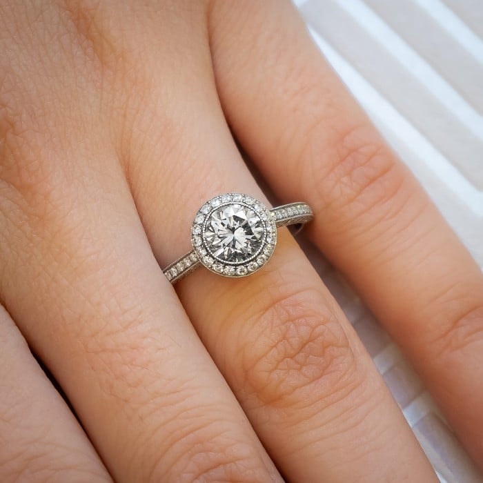 Modern Diamond and Platinum Micro Pavé Halo Ring, 0.94 Carats