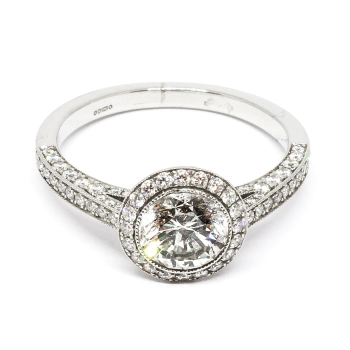 Modern Diamond and Platinum Micro Pavé Halo Ring, 0.94 Carats