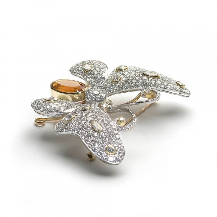 Modern Diamond Citrine and Platinum Butterfly Brooch