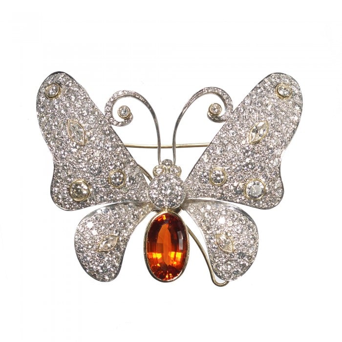 Modern Diamond Citrine and Platinum Butterfly Brooch