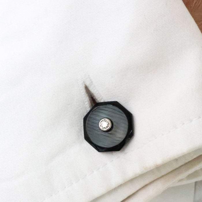 Modern Diamond Rock Crystal Black Onyx and White Gold Cufflinks