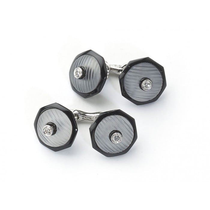 Modern Diamond Rock Crystal Black Onyx and White Gold Cufflinks