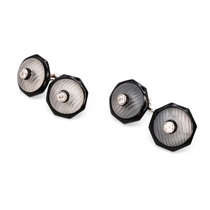 Modern Diamond Rock Crystal Black Onyx and White Gold Cufflinks