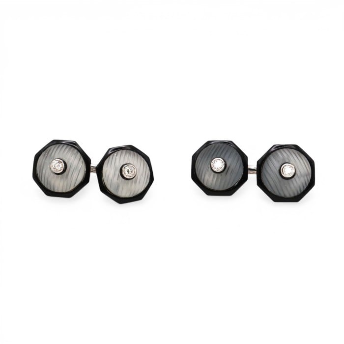 Modern Diamond Rock Crystal Black Onyx and White Gold Cufflinks