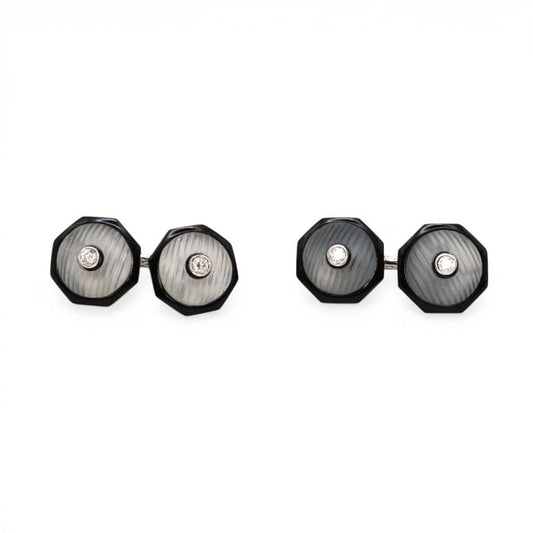 Modern Diamond Rock Crystal Black Onyx and White Gold Cufflinks