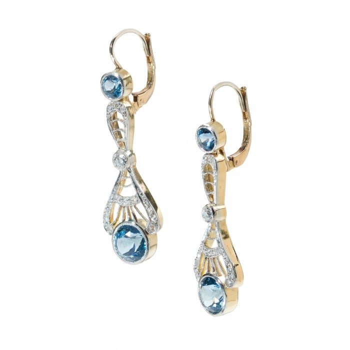 Modern Edwardian Style Aquamarine Diamond and Gold Drop Earrings