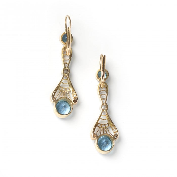 Modern Edwardian Style Aquamarine Diamond and Gold Drop Earrings