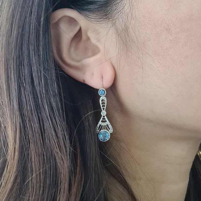 Modern Edwardian Style Aquamarine Diamond and Gold Drop Earrings