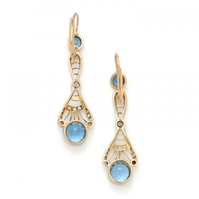 Modern Edwardian Style Aquamarine Diamond and Gold Drop Earrings