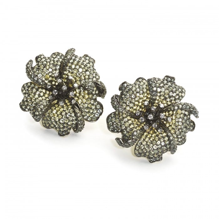 Modern Green to Yellow Sapphire Diamond and Gold Rose Flower Earrings