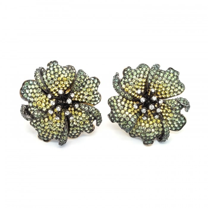Modern Green to Yellow Sapphire Diamond and Gold Rose Flower Earrings