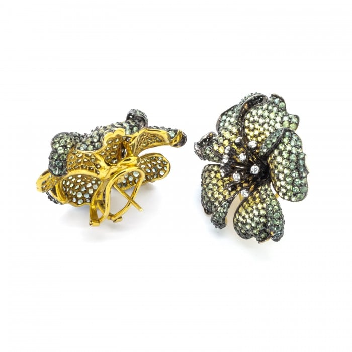 Modern Green to Yellow Sapphire Diamond and Gold Rose Flower Earrings