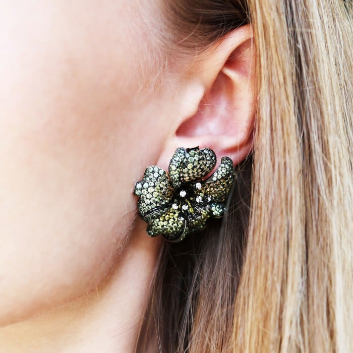 Modern Green to Yellow Sapphire Diamond and Gold Rose Flower Earrings