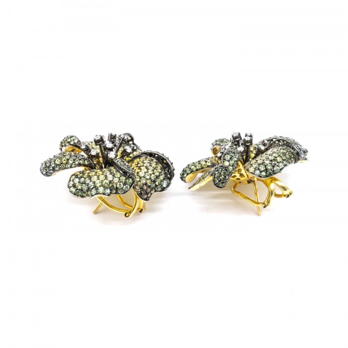 Modern Green to Yellow Sapphire Diamond and Gold Rose Flower Earrings