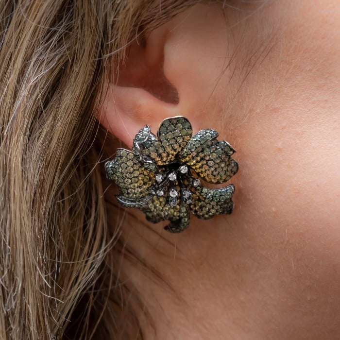 Modern Green to Yellow Sapphire Diamond and Gold Rose Flower Earrings
