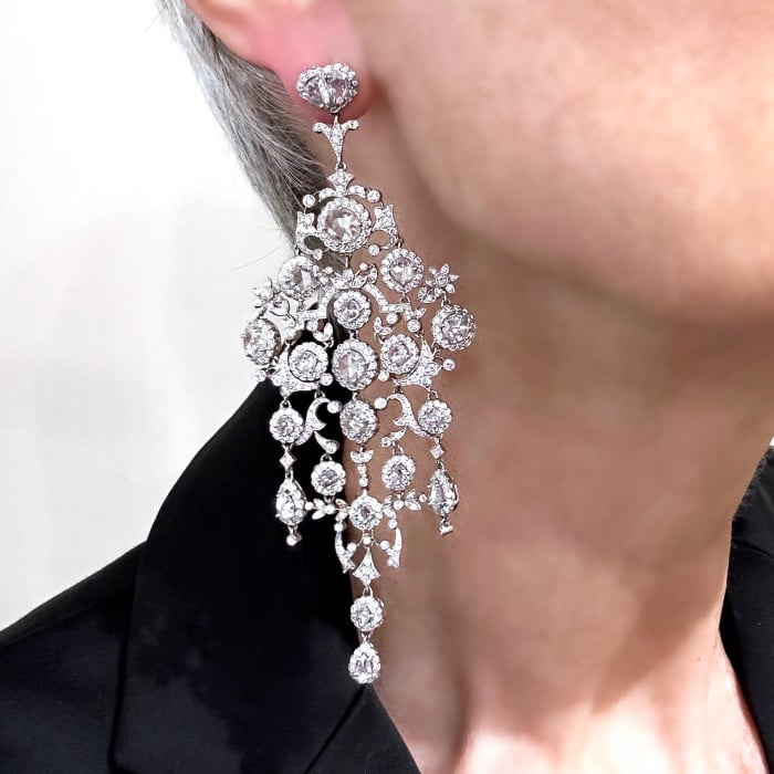 Modern Large Diamond and Platinum Chandelier Earrings, 15.26 Carats