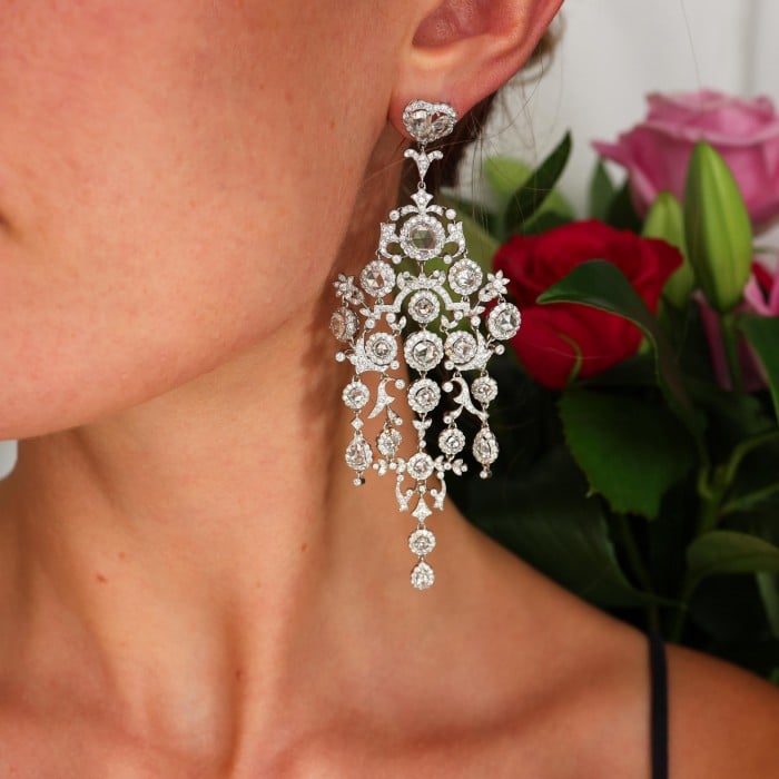 Modern Large Diamond and Platinum Chandelier Earrings, 15.26 Carats