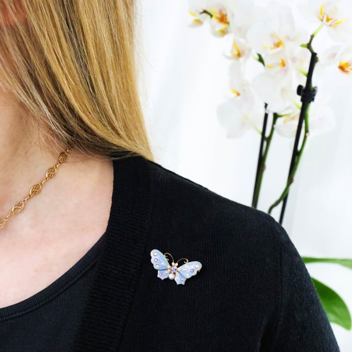 Modern Light Blue Enamel Purple Sapphire Diamond Pearl and Gold Butterfly Brooch