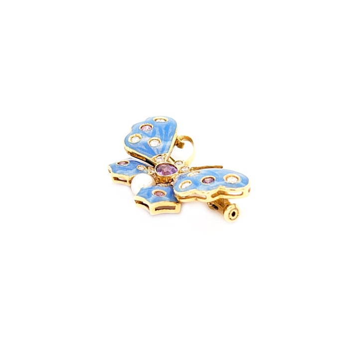 Modern Light Blue Enamel Purple Sapphire Diamond Pearl and Gold Butterfly Brooch