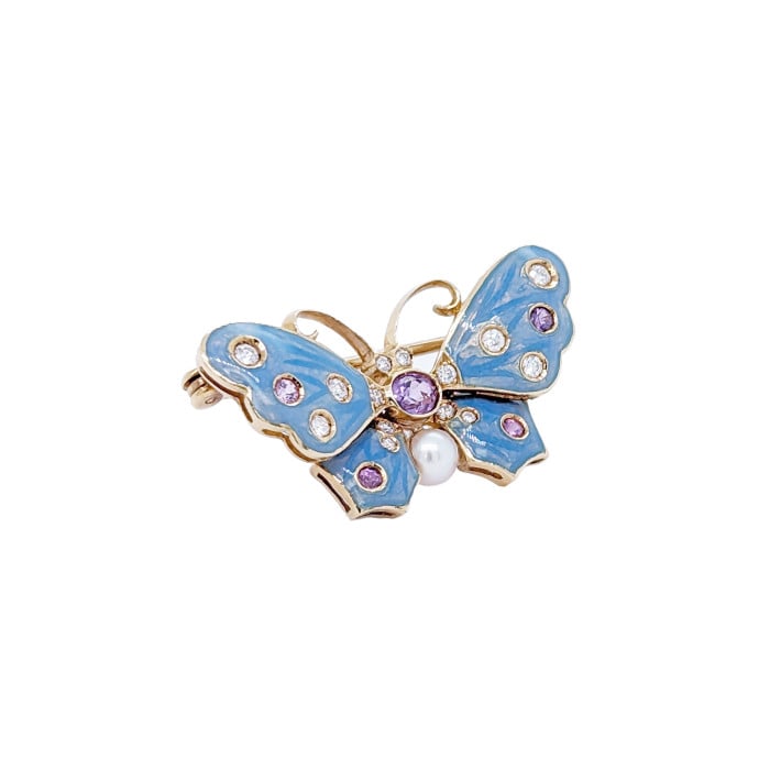 Modern Light Blue Enamel Purple Sapphire Diamond Pearl and Gold Butterfly Brooch