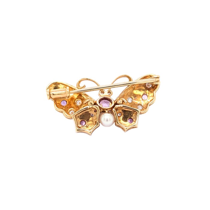 Modern Light Blue Enamel Purple Sapphire Diamond Pearl and Gold Butterfly Brooch