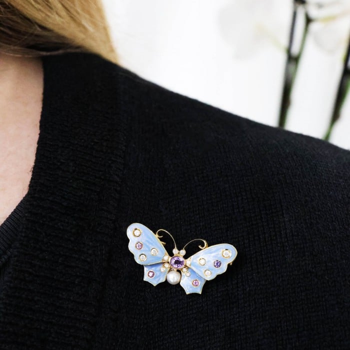 Modern Light Blue Enamel Purple Sapphire Diamond Pearl and Gold Butterfly Brooch