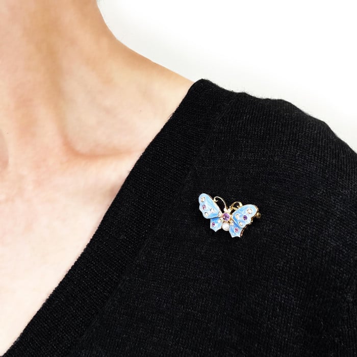 Modern Light Blue Enamel Purple Sapphire Diamond Pearl and Gold Butterfly Brooch