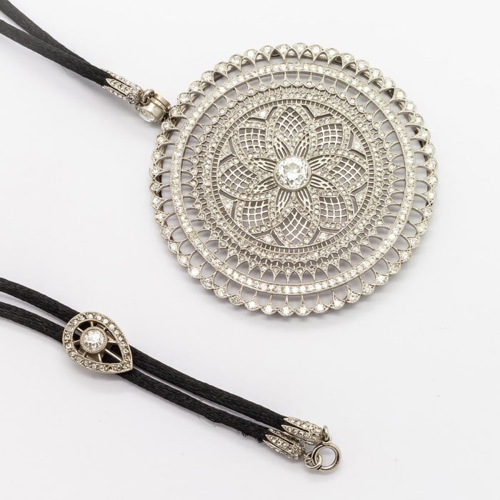 Modern Mandala Diamond and Platinum Pendant on Black Cord