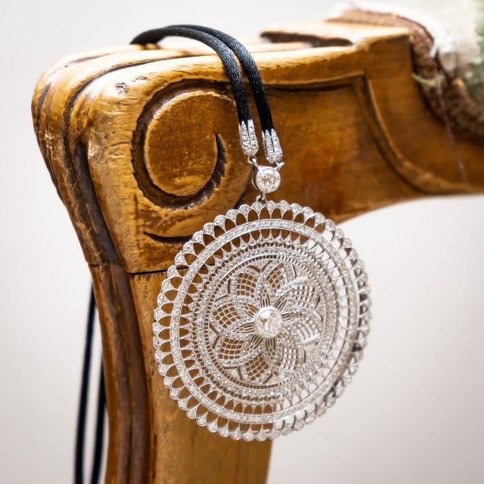 Modern Mandala Diamond and Platinum Pendant on Black Cord