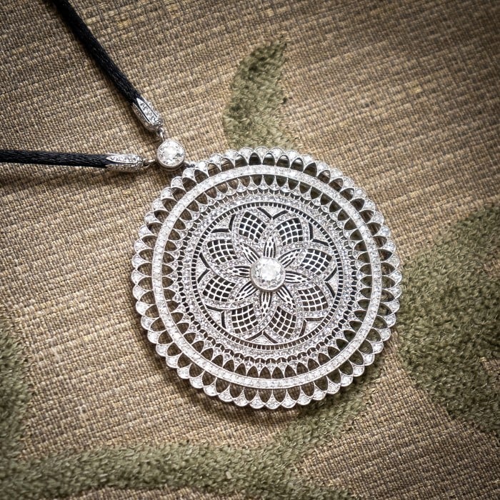 Modern Mandala Diamond and Platinum Pendant on Black Cord