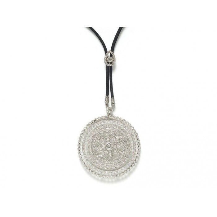 Modern Mandala Diamond and Platinum Pendant on Black Cord