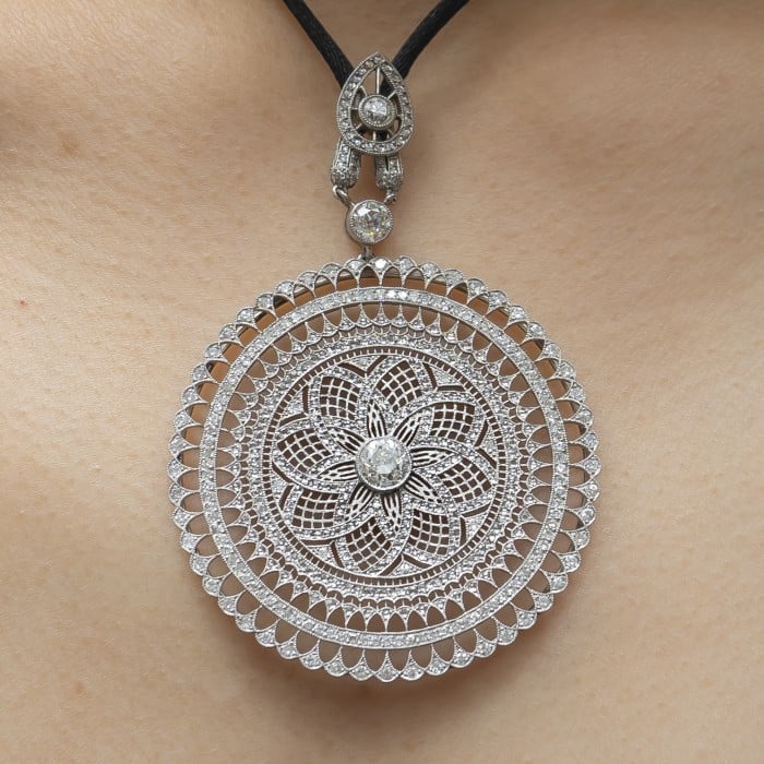 Modern Mandala Diamond and Platinum Pendant on Black Cord