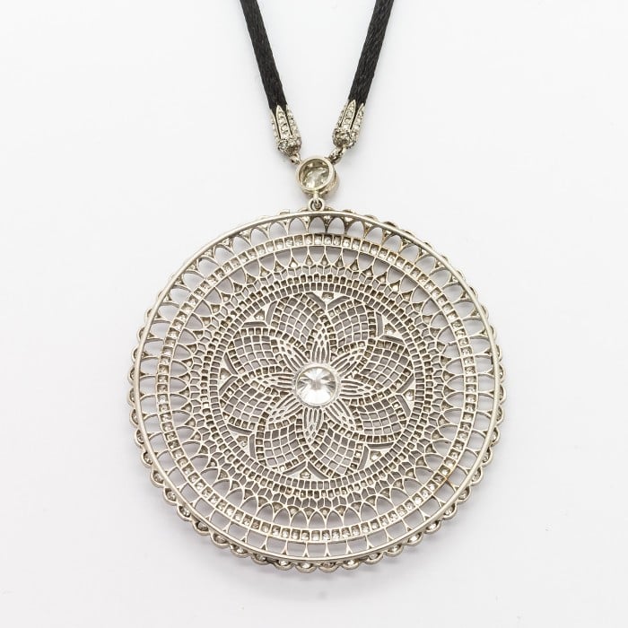 Modern Mandala Diamond and Platinum Pendant on Black Cord