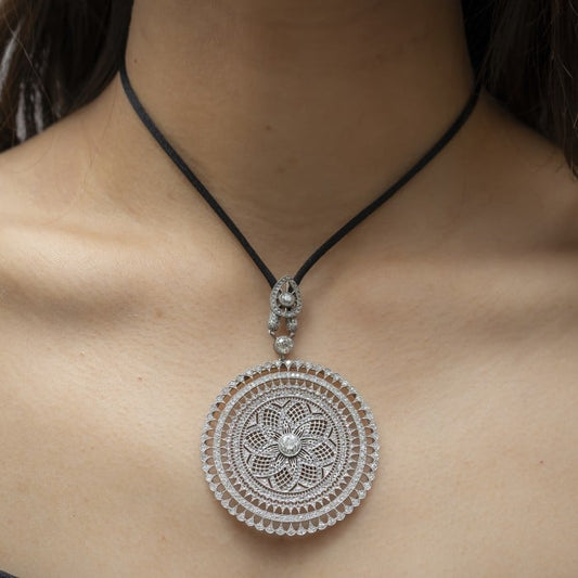 Modern Mandala Diamond and Platinum Pendant on Black Cord