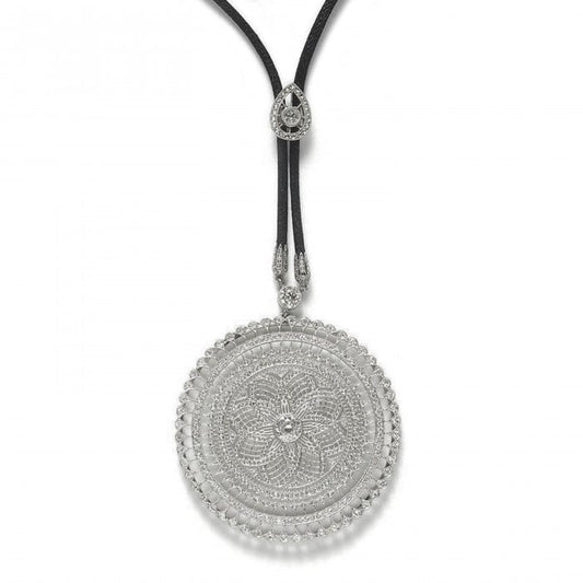 Modern Mandala Diamond and Platinum Pendant on Black Cord