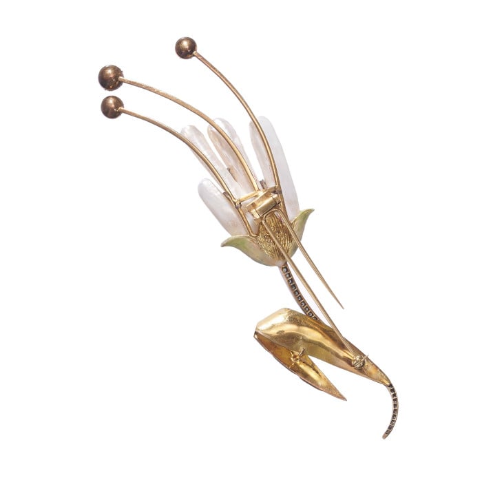 Modern Mississippi Pearl Diamond Enamel Gold and Silver Flower Brooch