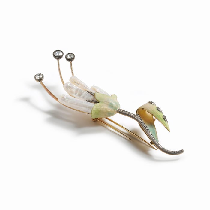 Modern Mississippi Pearl Diamond Enamel Gold and Silver Flower Brooch