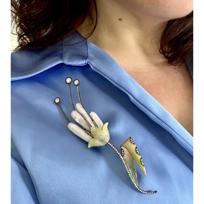 Modern Mississippi Pearl Diamond Enamel Gold and Silver Flower Brooch