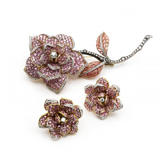 Modern Moira Pink Sapphire Diamond Gold and Silver Rose Brooch and Earrings Suite
