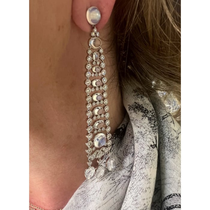 Modern Moonstone, Diamond and Platinum Drop Earrings