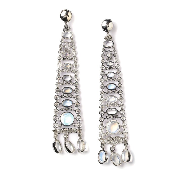 Modern Moonstone, Diamond and Platinum Drop Earrings