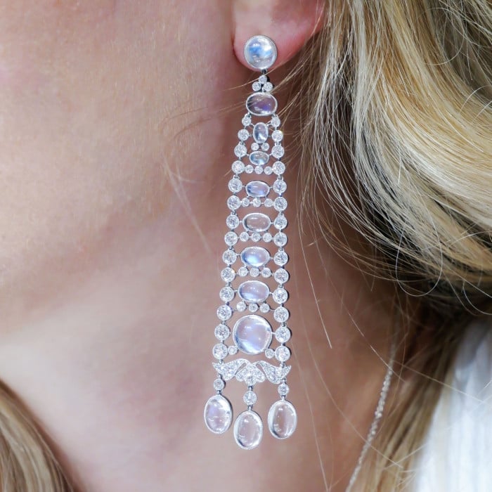 Modern Moonstone, Diamond and Platinum Drop Earrings