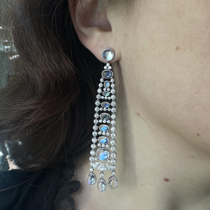 Modern Moonstone, Diamond and Platinum Drop Earrings