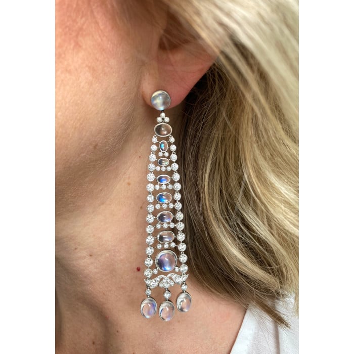 Modern Moonstone, Diamond and Platinum Drop Earrings