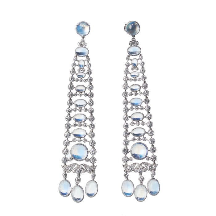 Modern Moonstone, Diamond and Platinum Drop Earrings