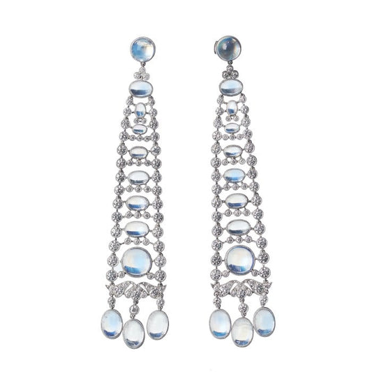 Modern Moonstone, Diamond and Platinum Drop Earrings