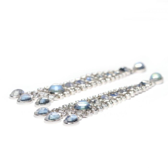 Modern Moonstone, Diamond and Platinum Drop Earrings